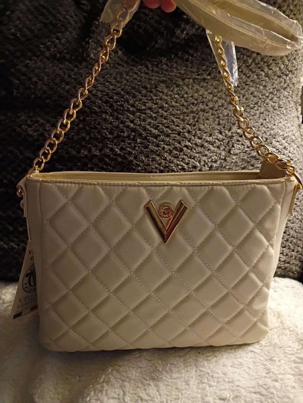 Valentino Orlandi White Quilted Vegan Leather Crossboday Bag Golden Chain Strap - Picture 11 of 16